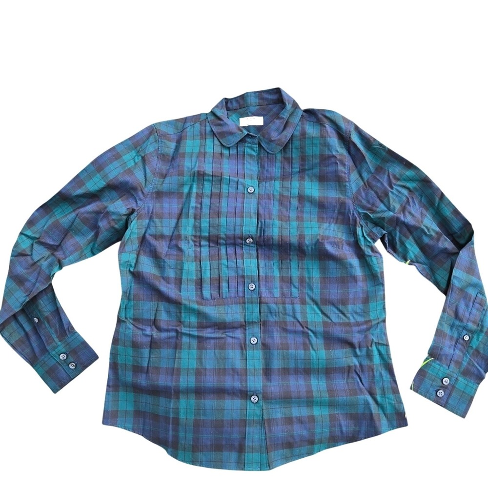 UNTUCKit Plaid Pleated Bib Shirt Navy Green 41732 Size 8